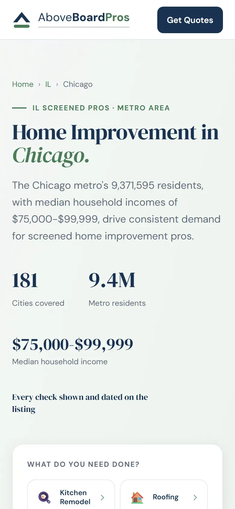 The Chicago metro page: "Home Improvement in Chicago" with 181 cities covered, 9.4 million metro residents and the median household income range, beside a service picker, above cost-vs-value cards for each trade., on a phone