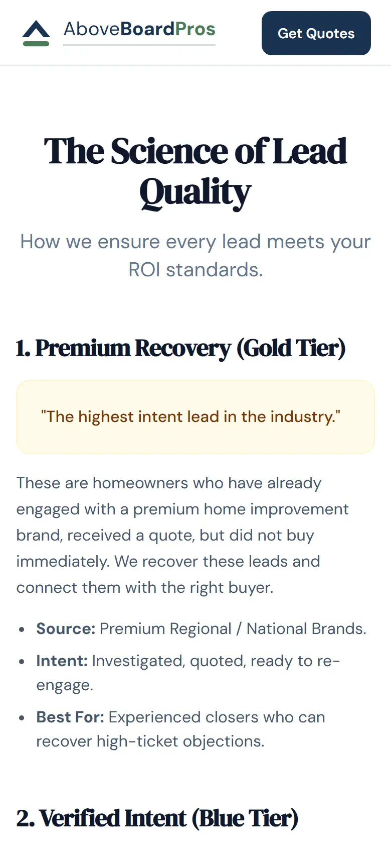The Lead Quality Guide page describing the Gold, Blue, Indigo and Grey lead tiers, each with its source, verification and who it suits best., on a phone