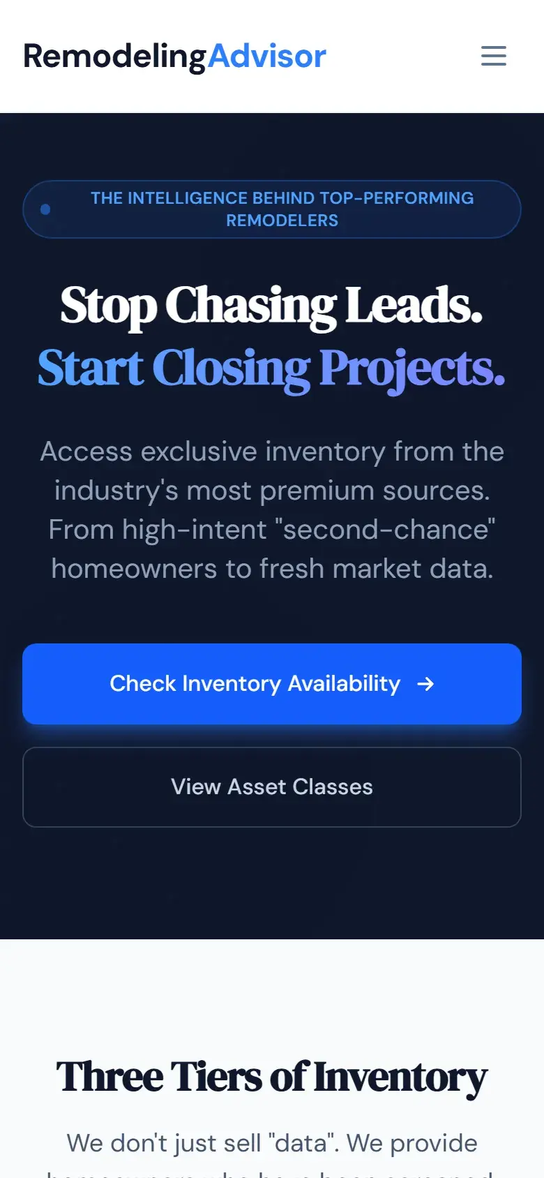 The RemodelingAdvisor home page, the contractor-facing brand, with a "Stop Chasing Leads. Start Closing Projects." hero above three tiers of lead inventory and CRM integrations., on a phone