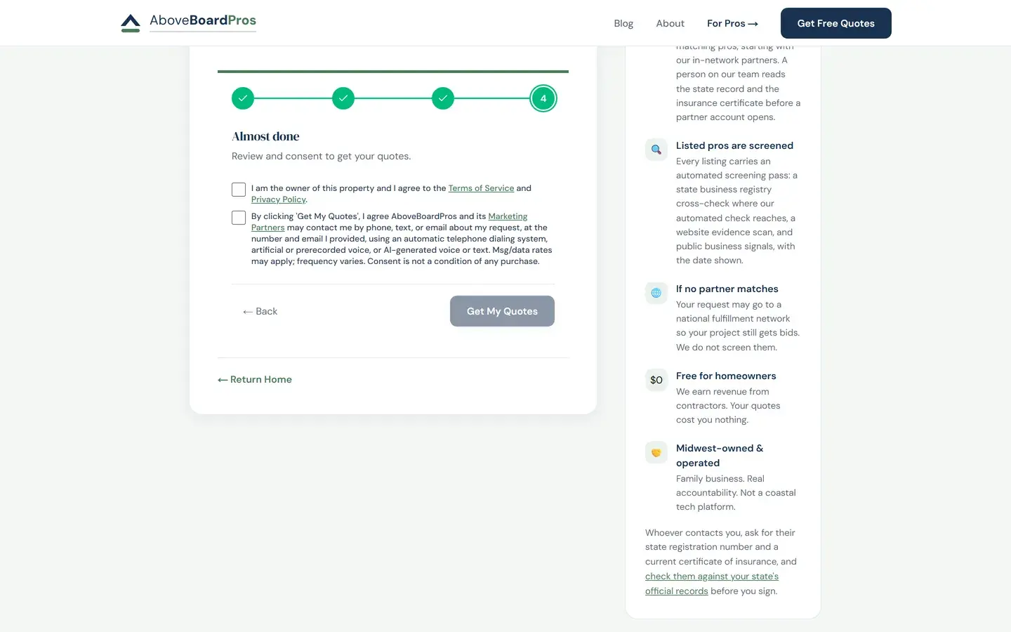 The four-step quote request on a phone, filled with sample text: service, project details, contact details, then a final step with two unchecked consent boxes and a disabled Get My Quotes button.