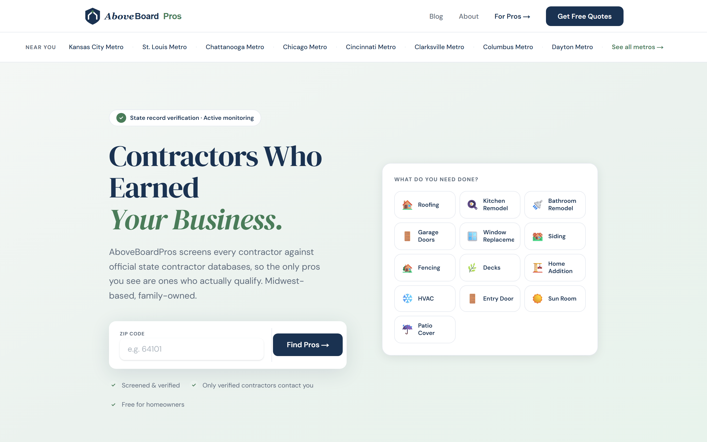 AboveBoardPros homepage hero with the Contractors Who Earned Your Business headline, zip code search, and service picker