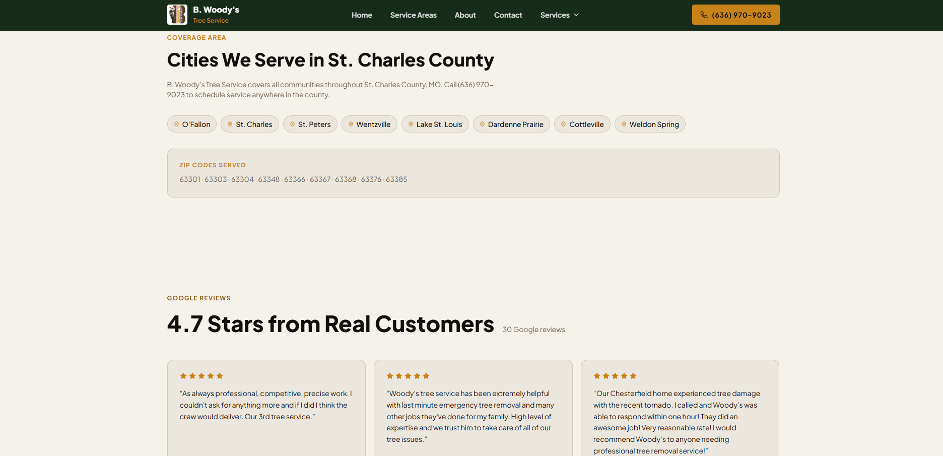 B. Woody's Tree Service — St. Charles County area page showing 8 cities served, zip codes, and 4.7-star Google reviews