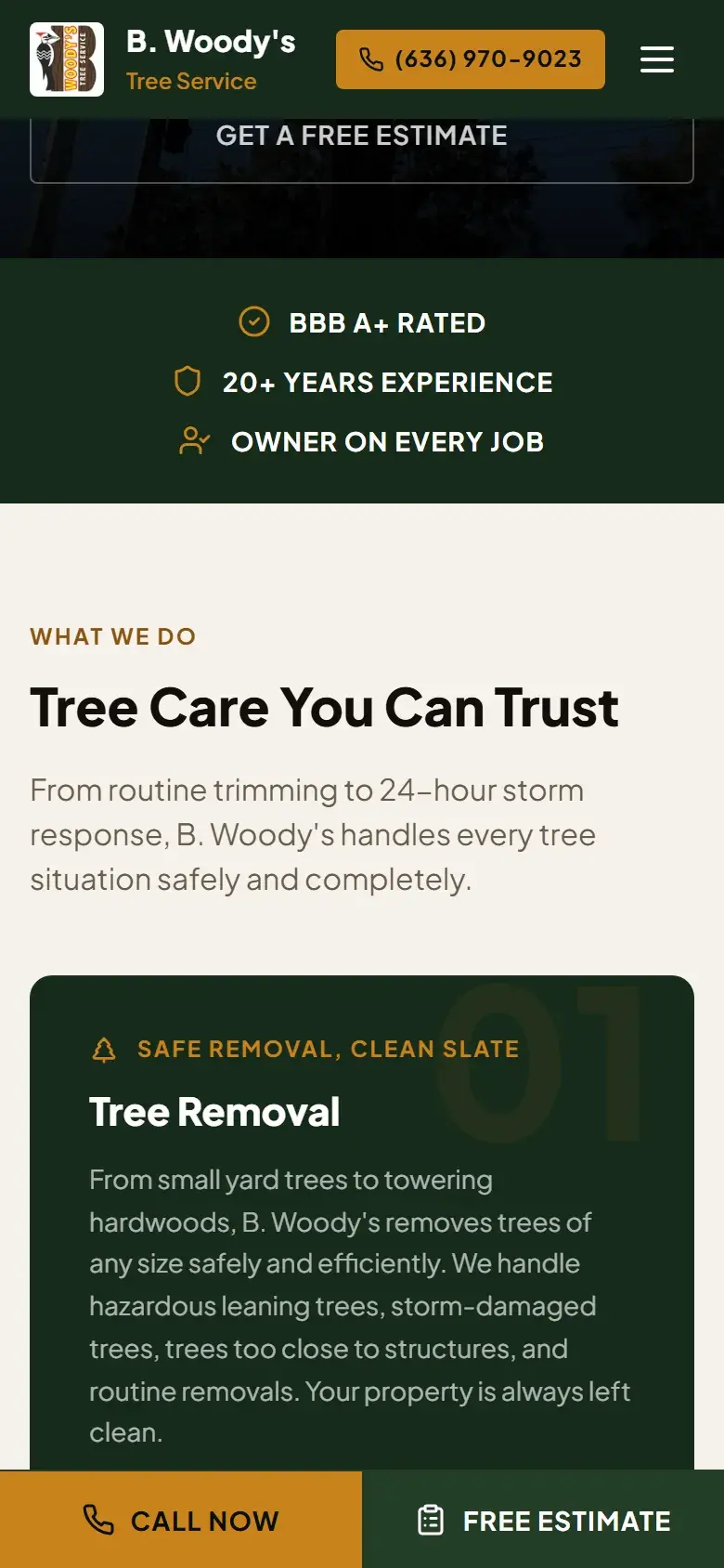 A phone view of the home page with the phone number button in the header and a Call Now and Free Estimate bar pinned to the bottom of the screen.
