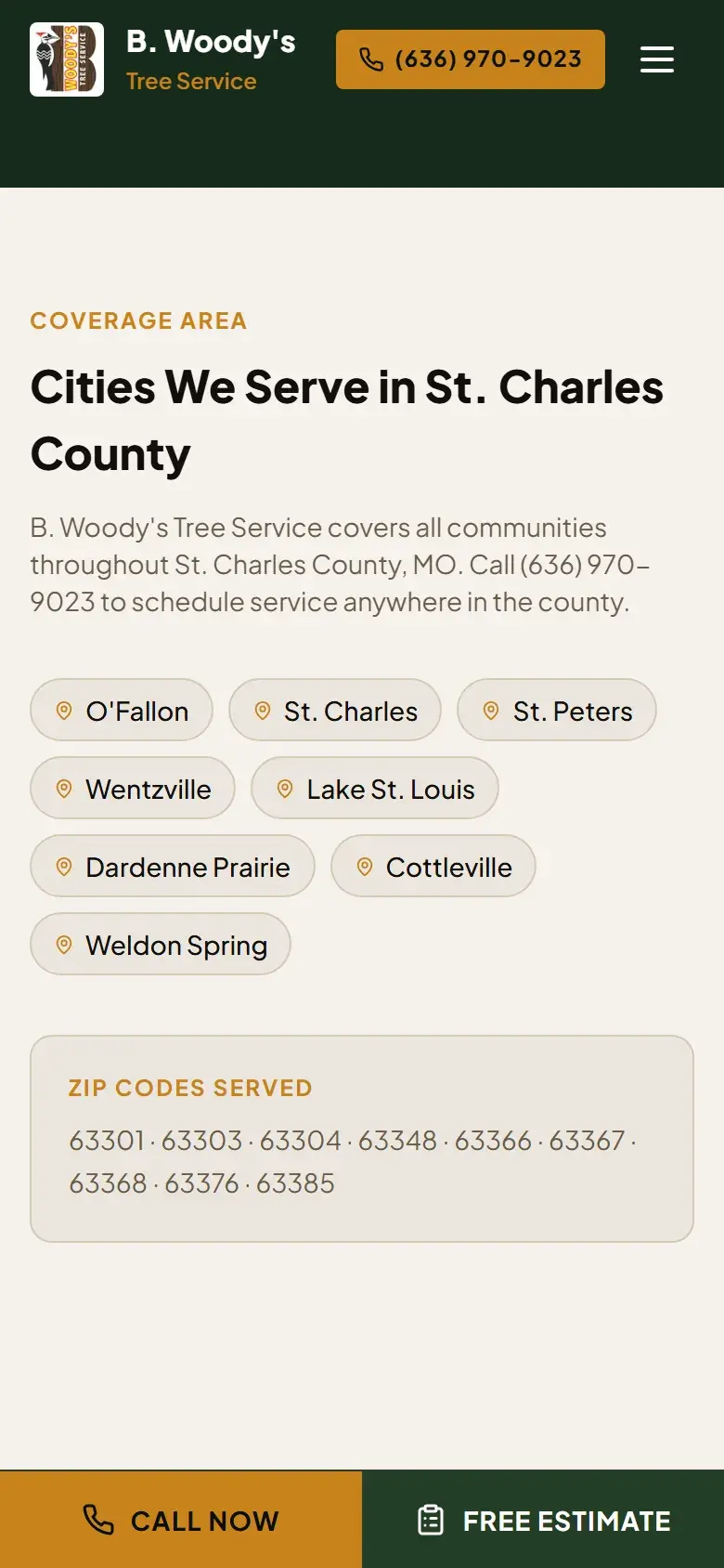 The St. Charles County area page showing the Cities We Serve list (O'Fallon, St. Charles, St. Peters, Wentzville and more) above a box of the county's zip codes., on a phone
