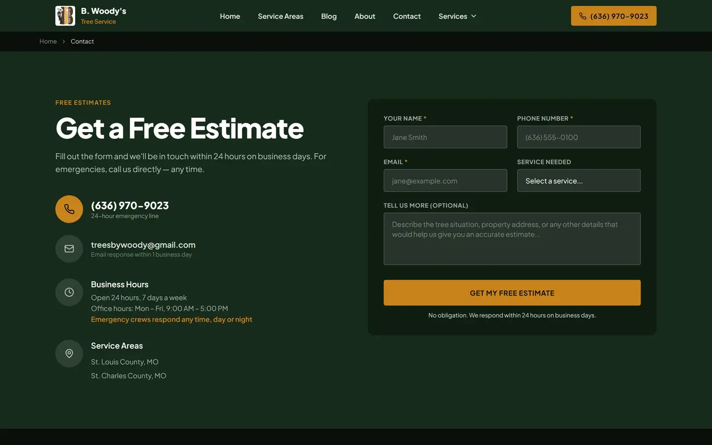 The Get a Free Estimate page with a request form (name, phone, email, service needed, details) beside the phone number, email and business hours.