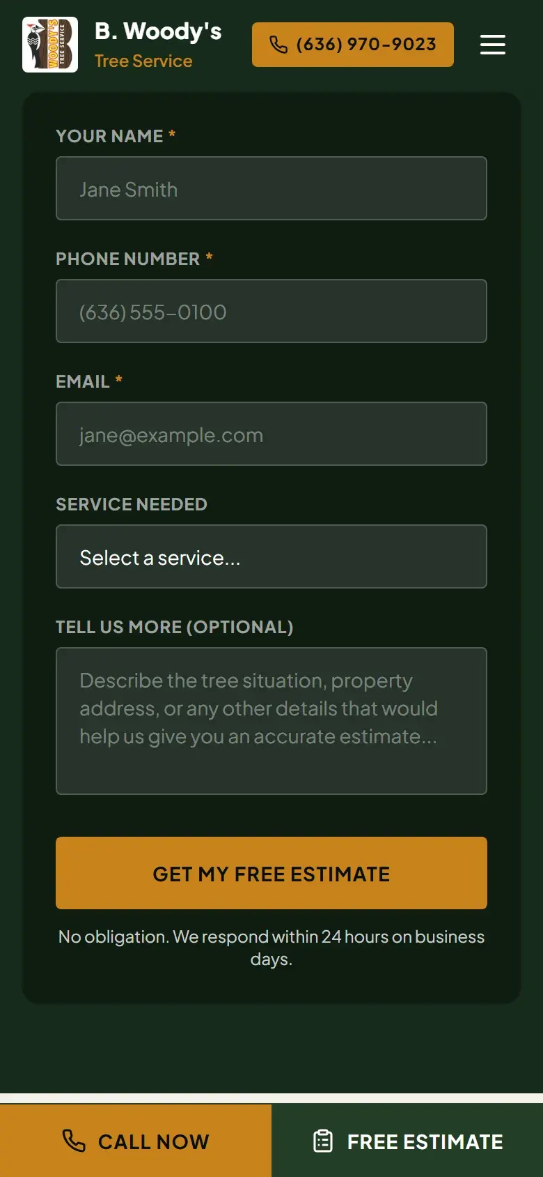 The Get a Free Estimate page with a request form (name, phone, email, service needed, details) beside the phone number, email and business hours., on a phone