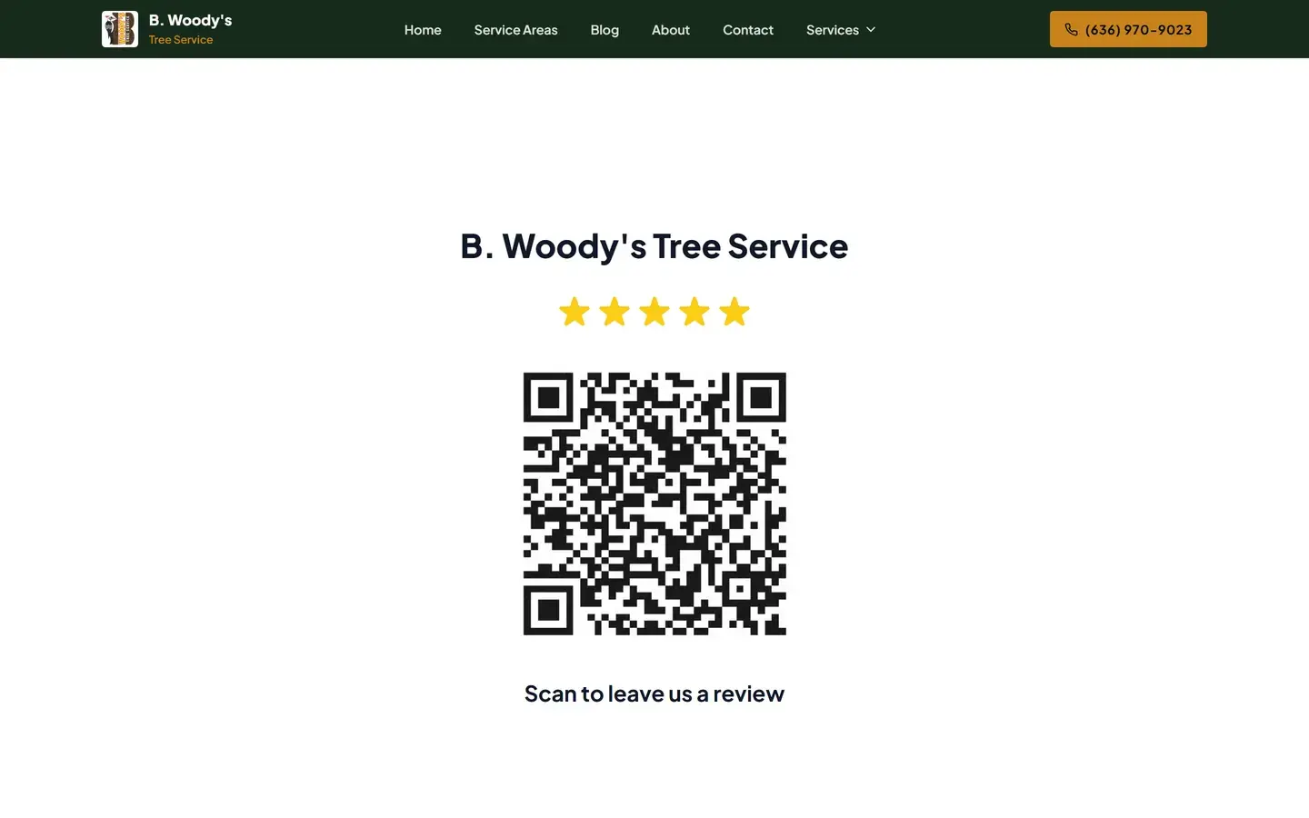 The review page with five gold stars, a large QR code and the line Scan to leave us a review.