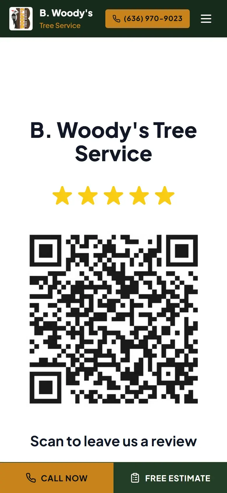 The review page with five gold stars, a large QR code and the line Scan to leave us a review., on a phone