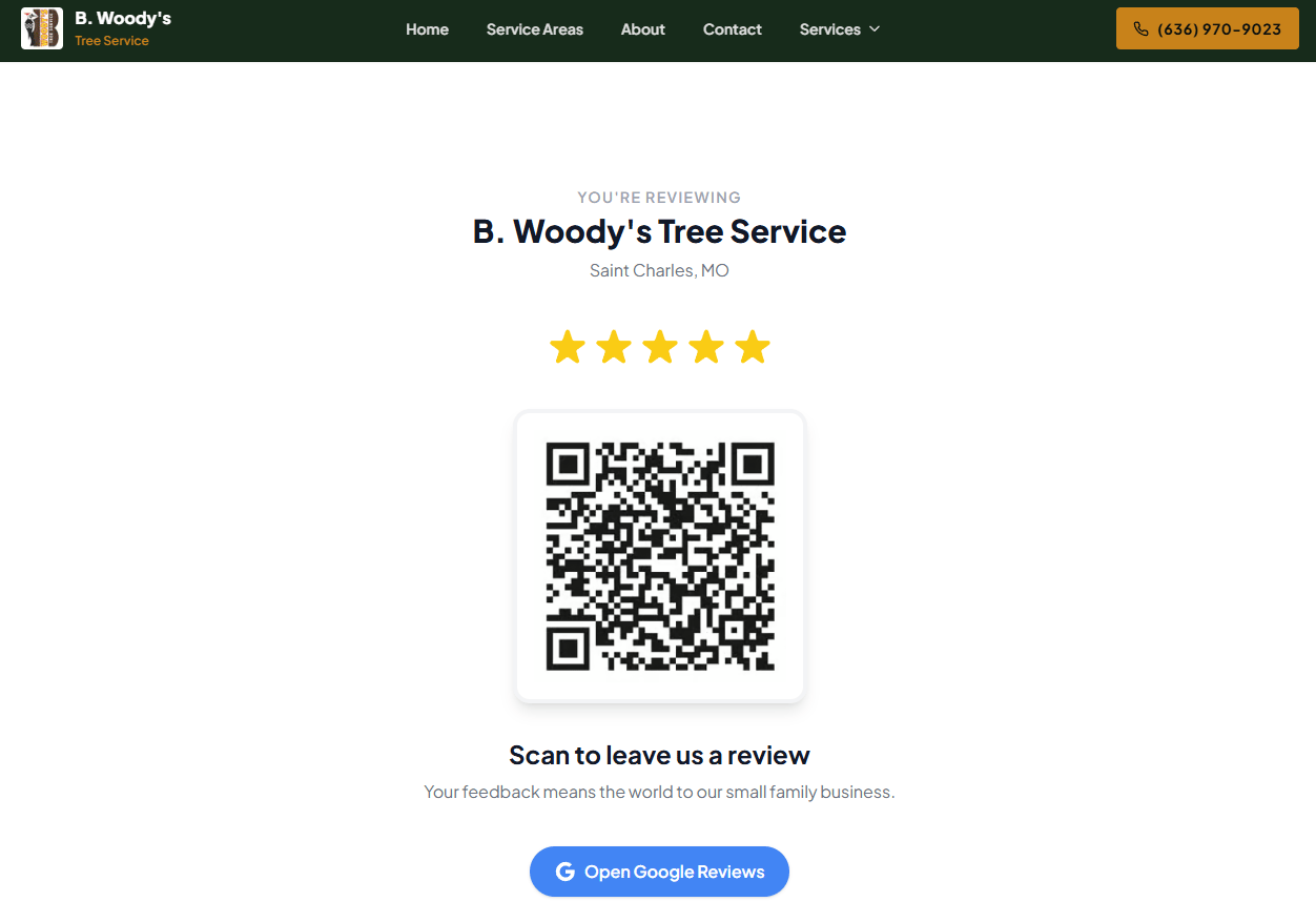 B. Woody's Tree Service — /review page, the customer-facing review funnel with QR code and Google review button
