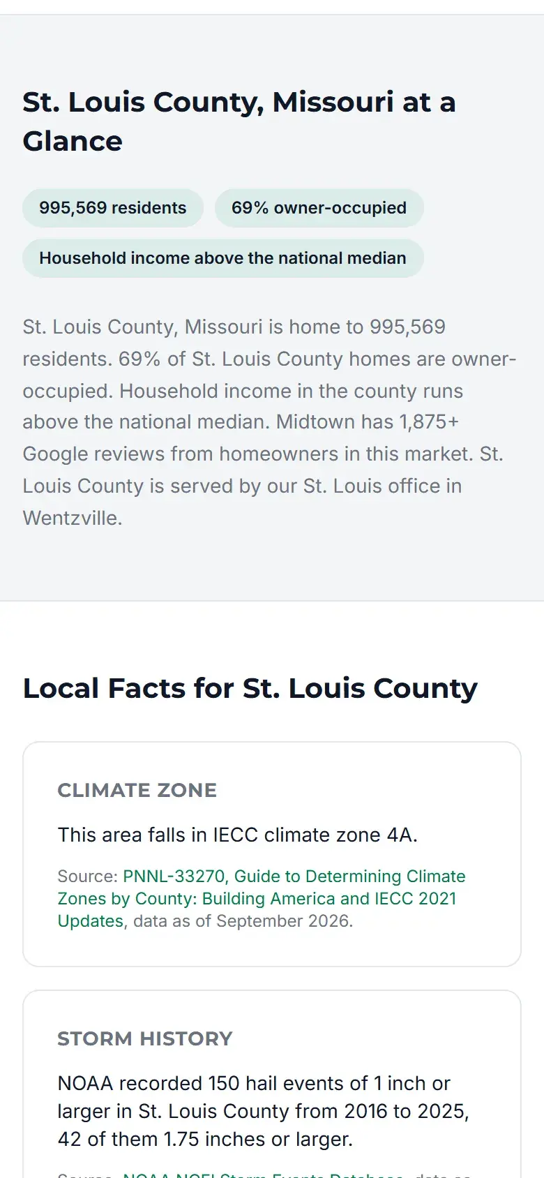 St. Louis County, Missouri location page showing the "at a Glance" summary (995,569 residents, 69% owner-occupied) above sourced Local Facts cards for climate zone, NOAA storm history and the local office., on a phone