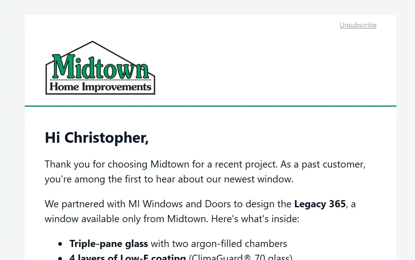 A Midtown campaign email beside the booking page it links to, with the customer's first name, products and nearest office already filled in and the phone number masked.