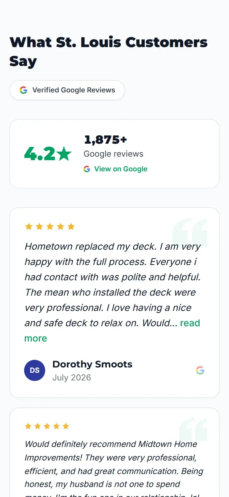 The St. Louis office page review block with a 4.2 rating from 1,875+ Google reviews beside five customer review cards marked as verified Google Reviews., on a phone