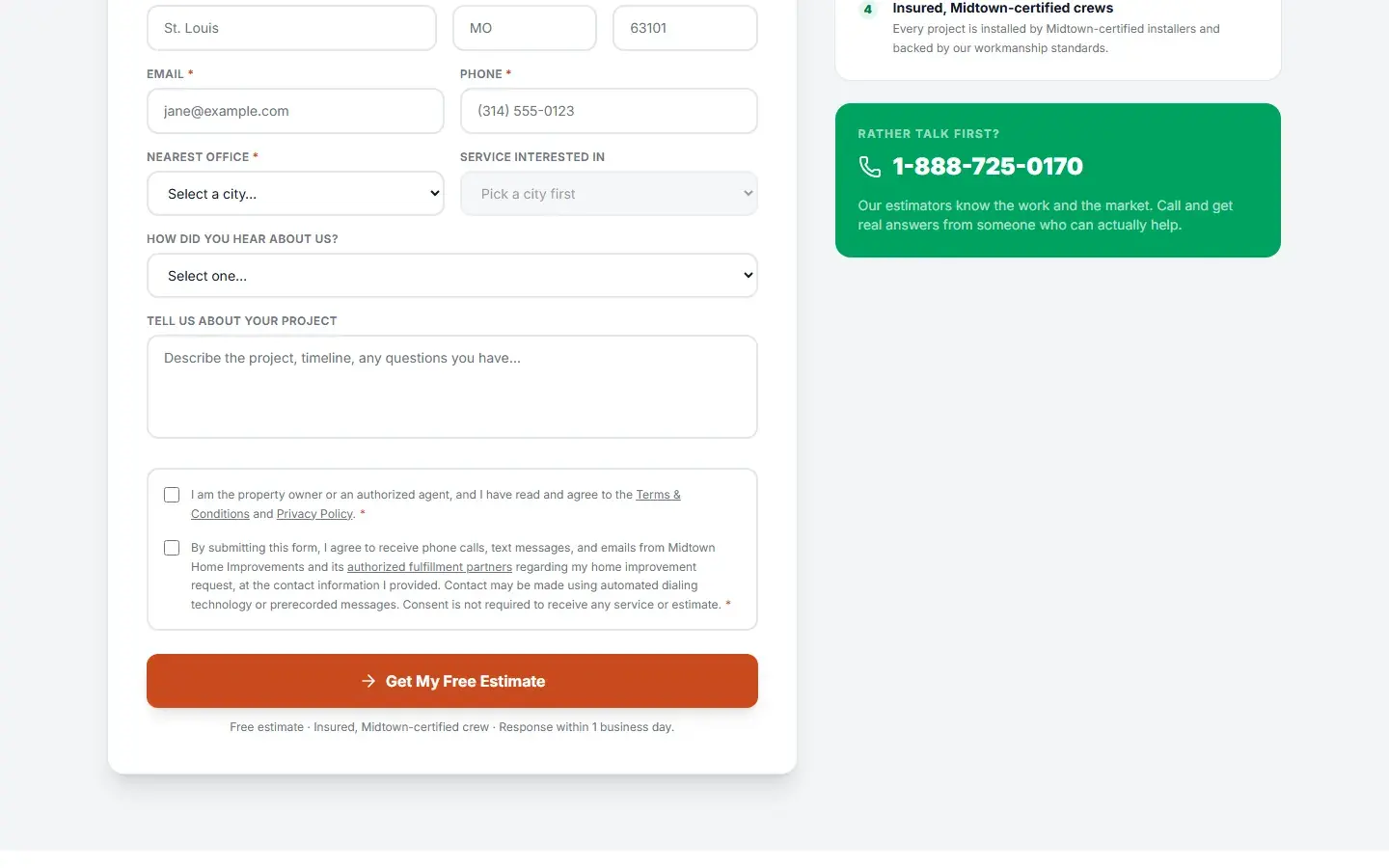 The Midtown estimate form showing the property-owner checkbox and the separate unchecked consent checkbox for calls, texts and emails, above the Get My Free Estimate button.