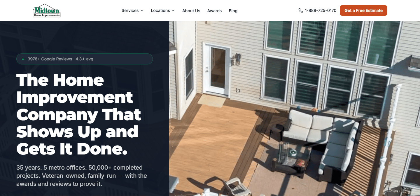 Midtown Home Improvements new Next.js 15 homepage hero with dark deck photography