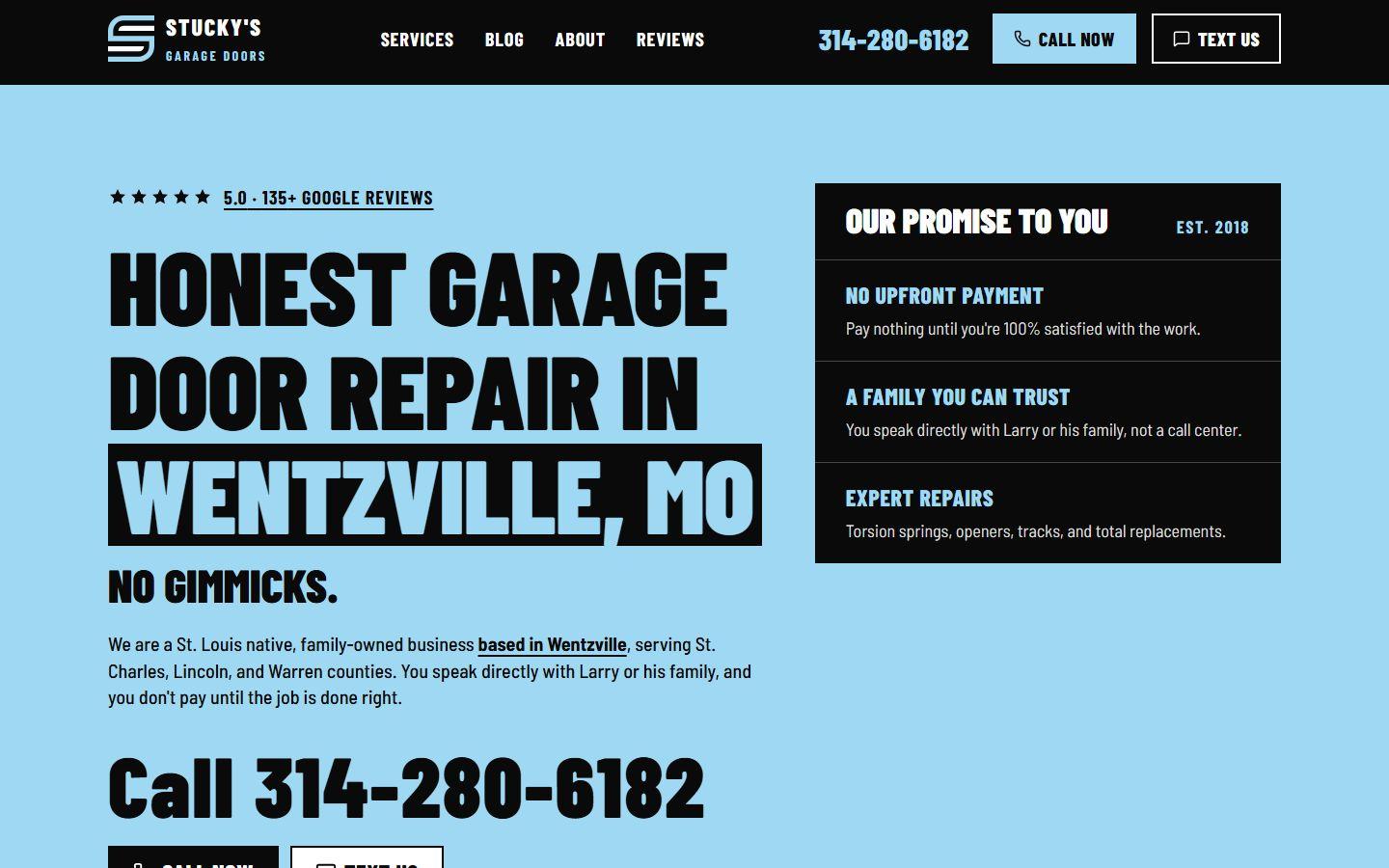Stucky's Garage Doors homepage built by Untap Web, sky blue Service Van design with the Wentzville garage door repair headline