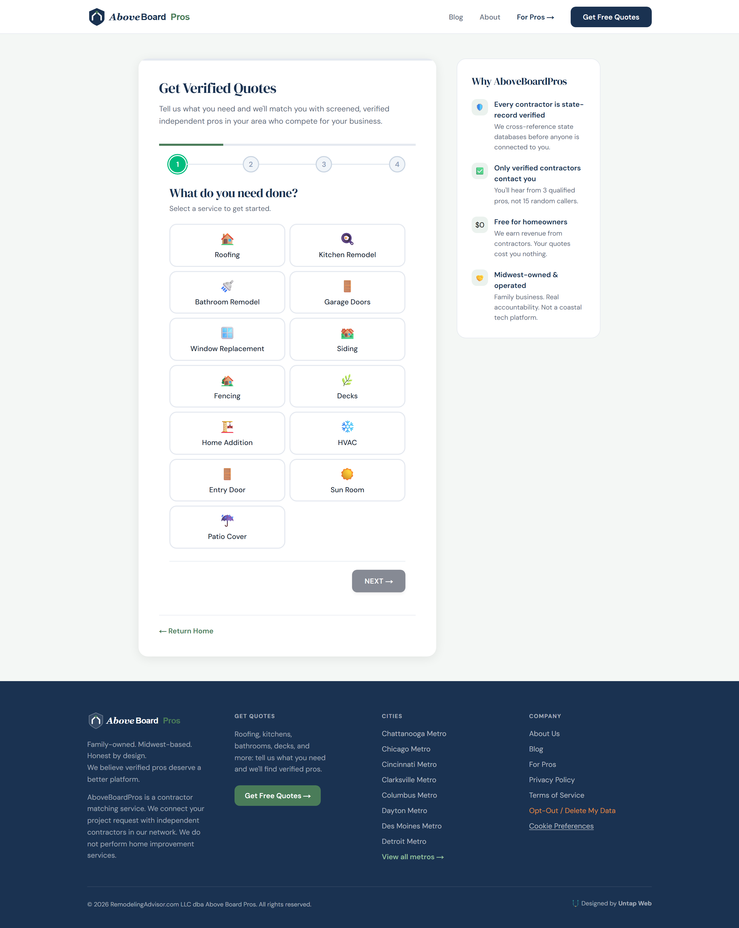 AboveBoardPros quote request form with consent language and TrustedForm-gated submission