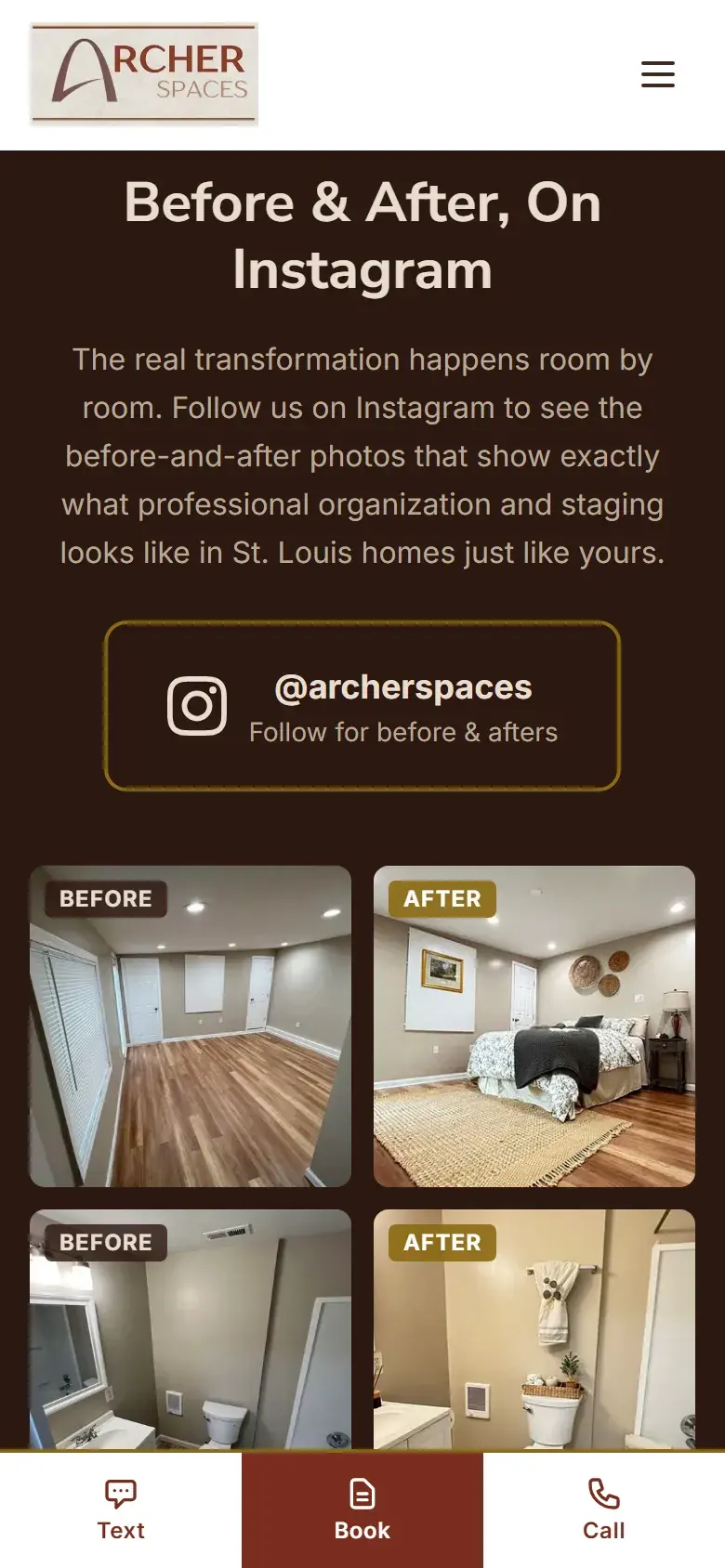 The "Before & After, On Instagram" section with four photo tiles labeled Before and After, showing a basement room and a bathroom, opening into a full-size viewer., on a phone