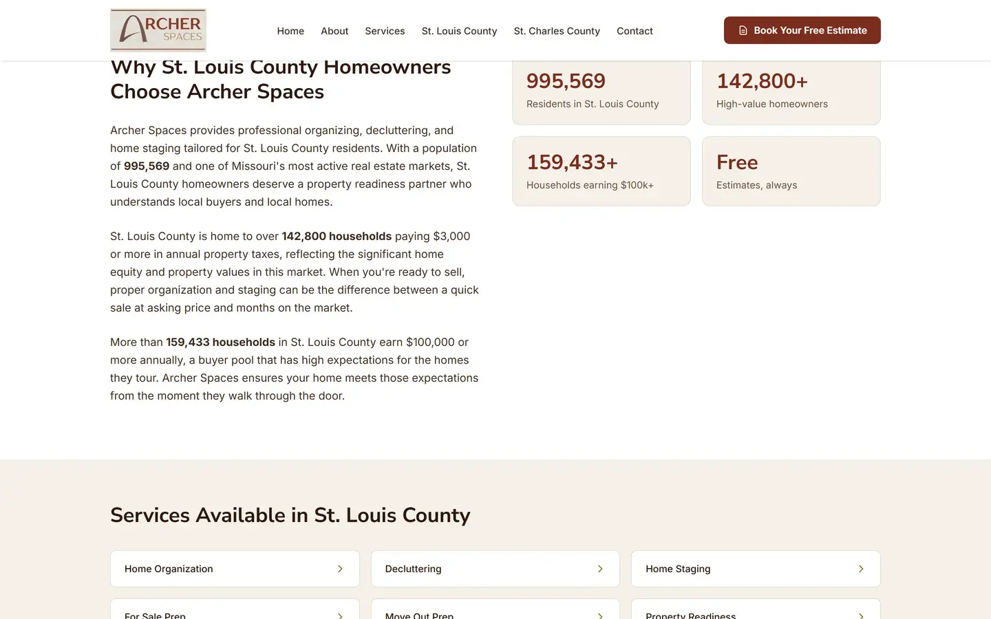 The St. Louis County area page showing "Why St. Louis County Homeowners Choose Archer Spaces" with local figures such as 995,569 residents and 142,800+ high-value homeowners.