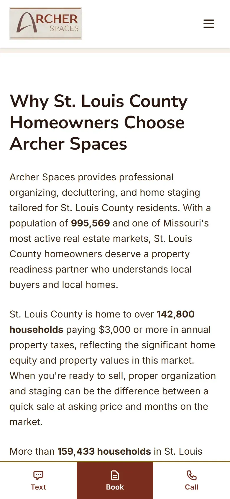 The St. Louis County area page showing "Why St. Louis County Homeowners Choose Archer Spaces" with local figures such as 995,569 residents and 142,800+ high-value homeowners., on a phone