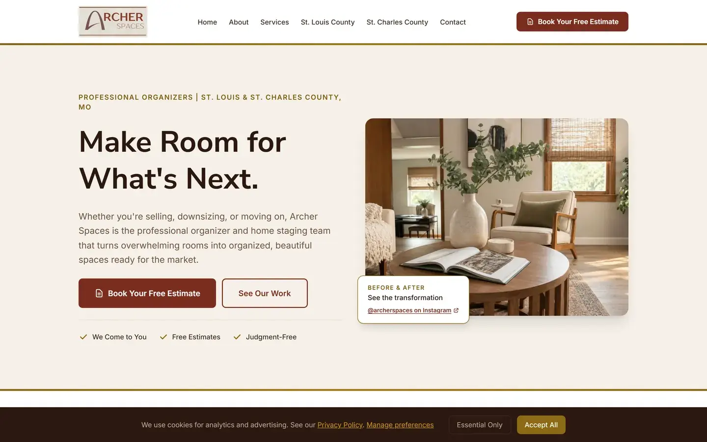 The cookie banner at the bottom of the home page, with a privacy policy link, Manage preferences, and Essential Only and Accept All buttons.