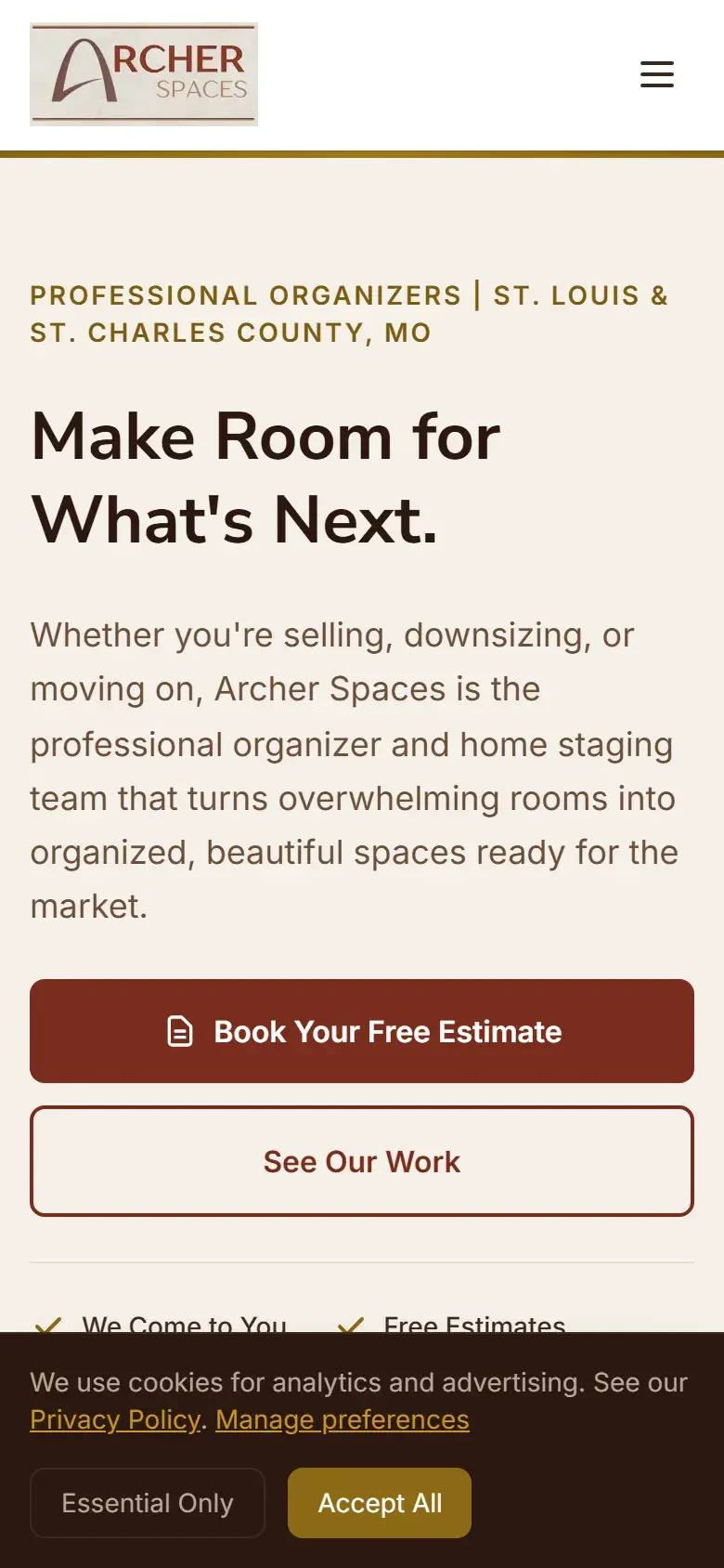 The cookie banner at the bottom of the home page, with a privacy policy link, Manage preferences, and Essential Only and Accept All buttons., on a phone