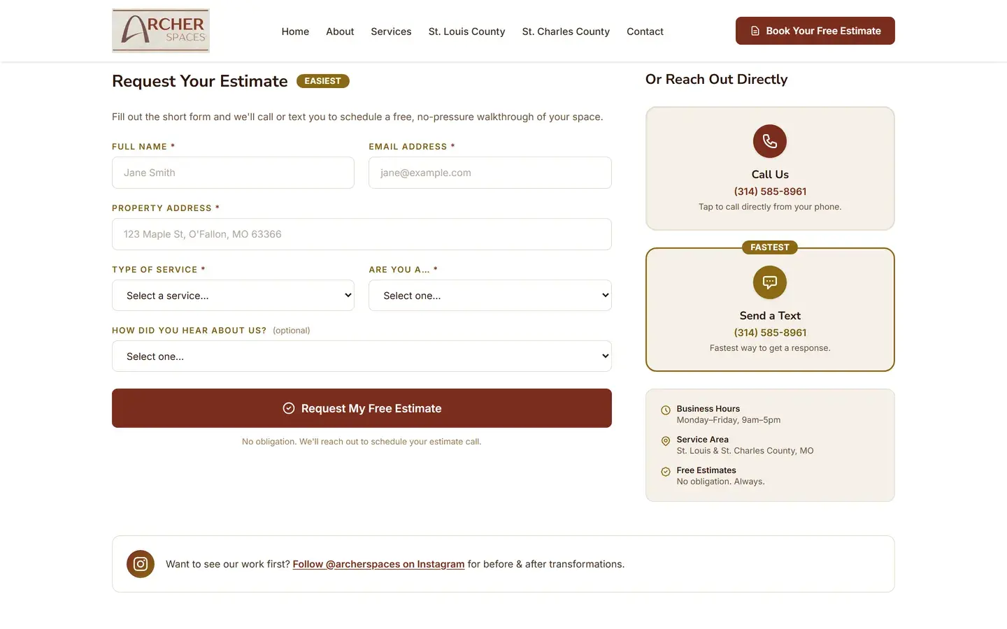 The Request Your Estimate form with name, email, property address, service type and referral fields, beside call and text options and business hours.