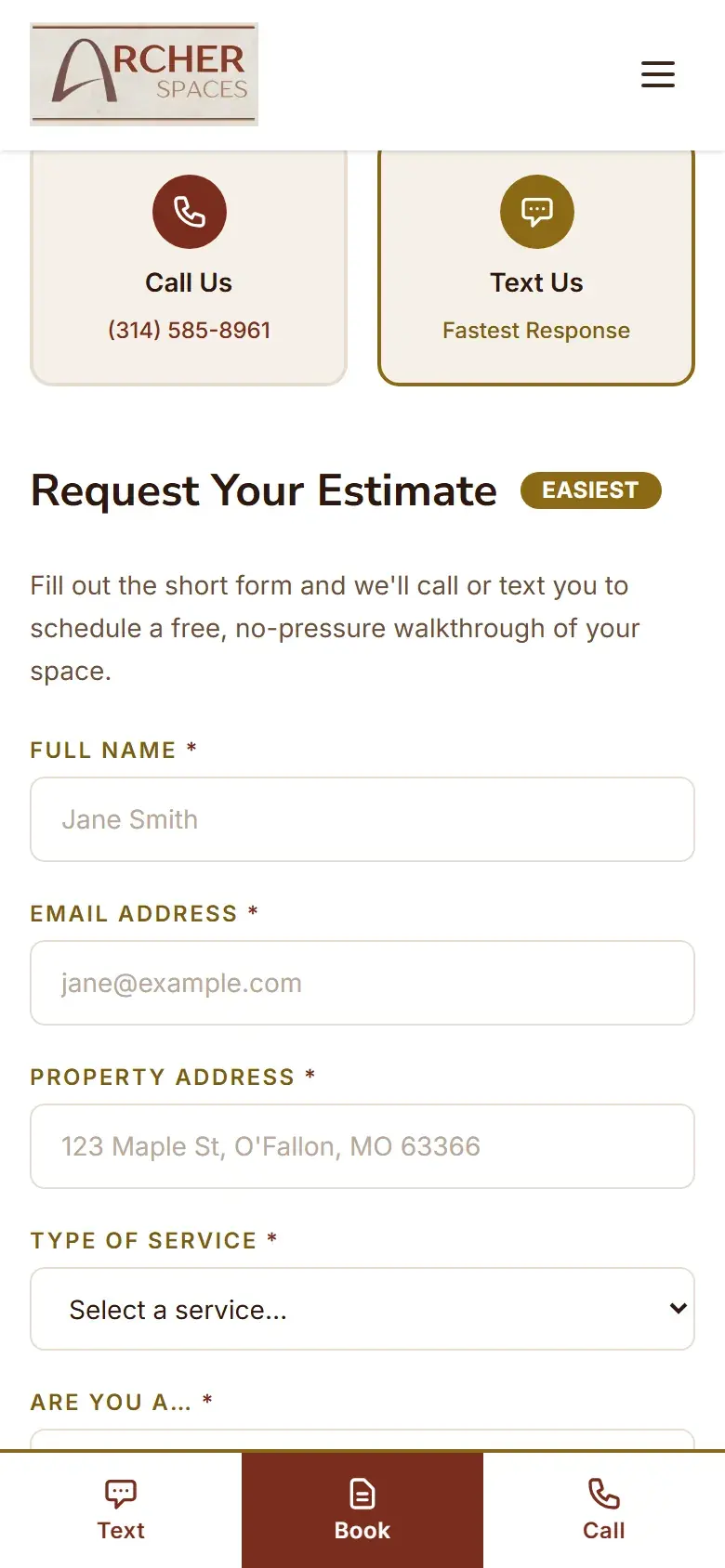 The Request Your Estimate form with name, email, property address, service type and referral fields, beside call and text options and business hours., on a phone