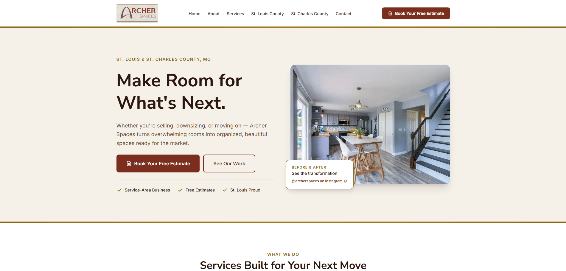 Archer Spaces homepage — clean, professional home organization site built by Untap Web