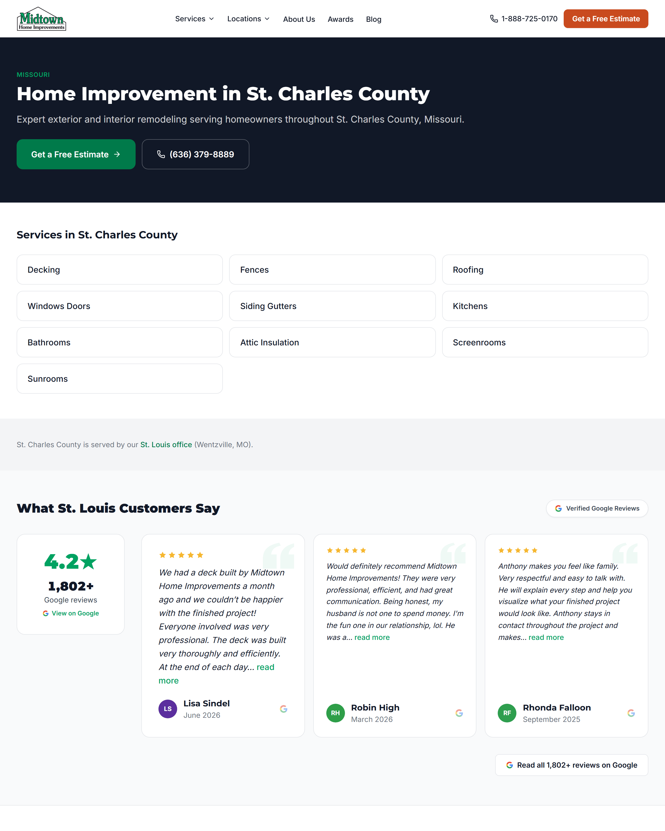 Midtown Home Improvements St. Charles County page hero with links to the county service pages