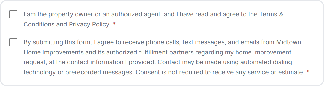 Midtown Home Improvements contact form consent block showing the property owner verification and TCPA disclosure checkboxes